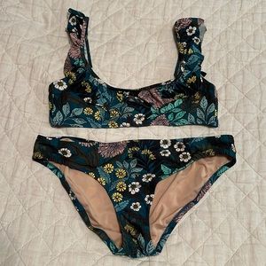 Abigail Borg x J Crew swimsuit with ruffle top, hook closure, bikini bottoms